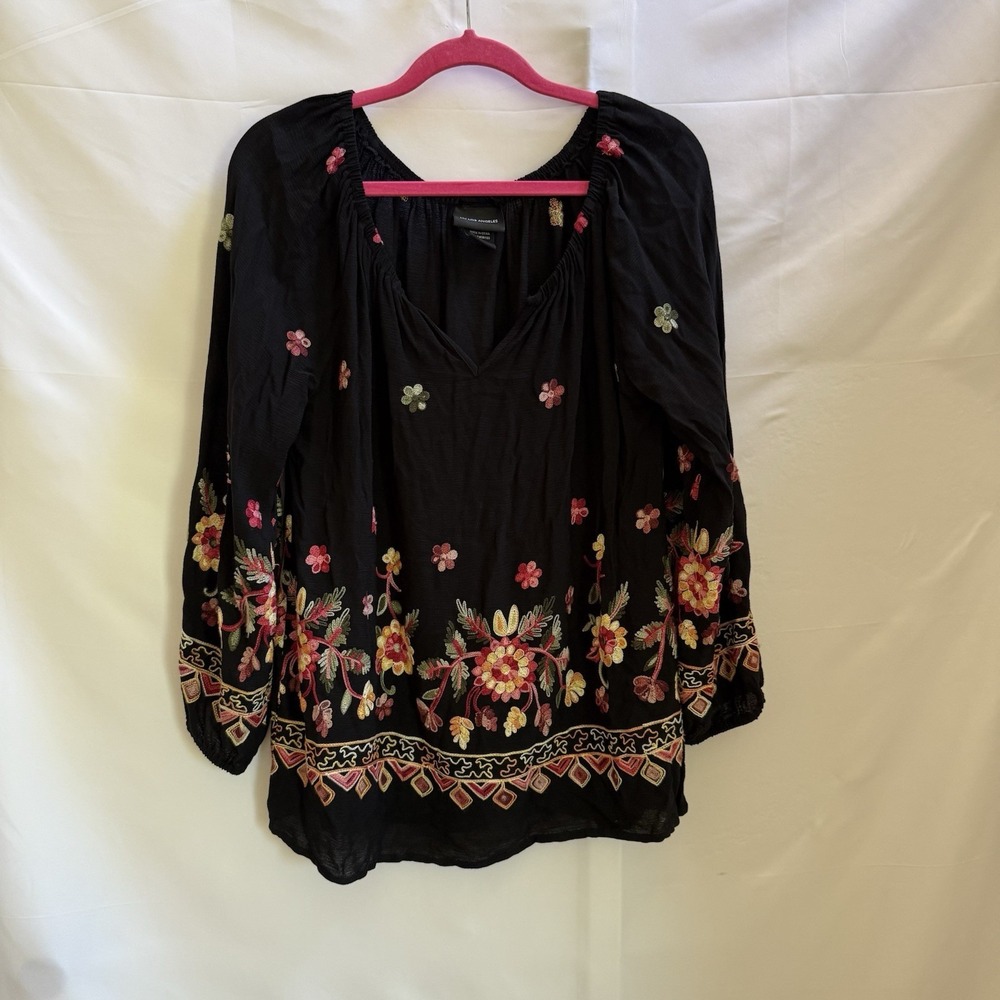Liv Los Angeles Peasant Blouse Womens L Black Floral Embroidered Boho Top
